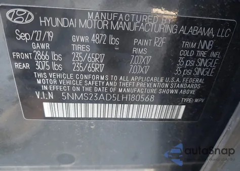 2020 Hyundai Santa Fe Se from USA, damaged, VIN 5NMS23AD5LH180568